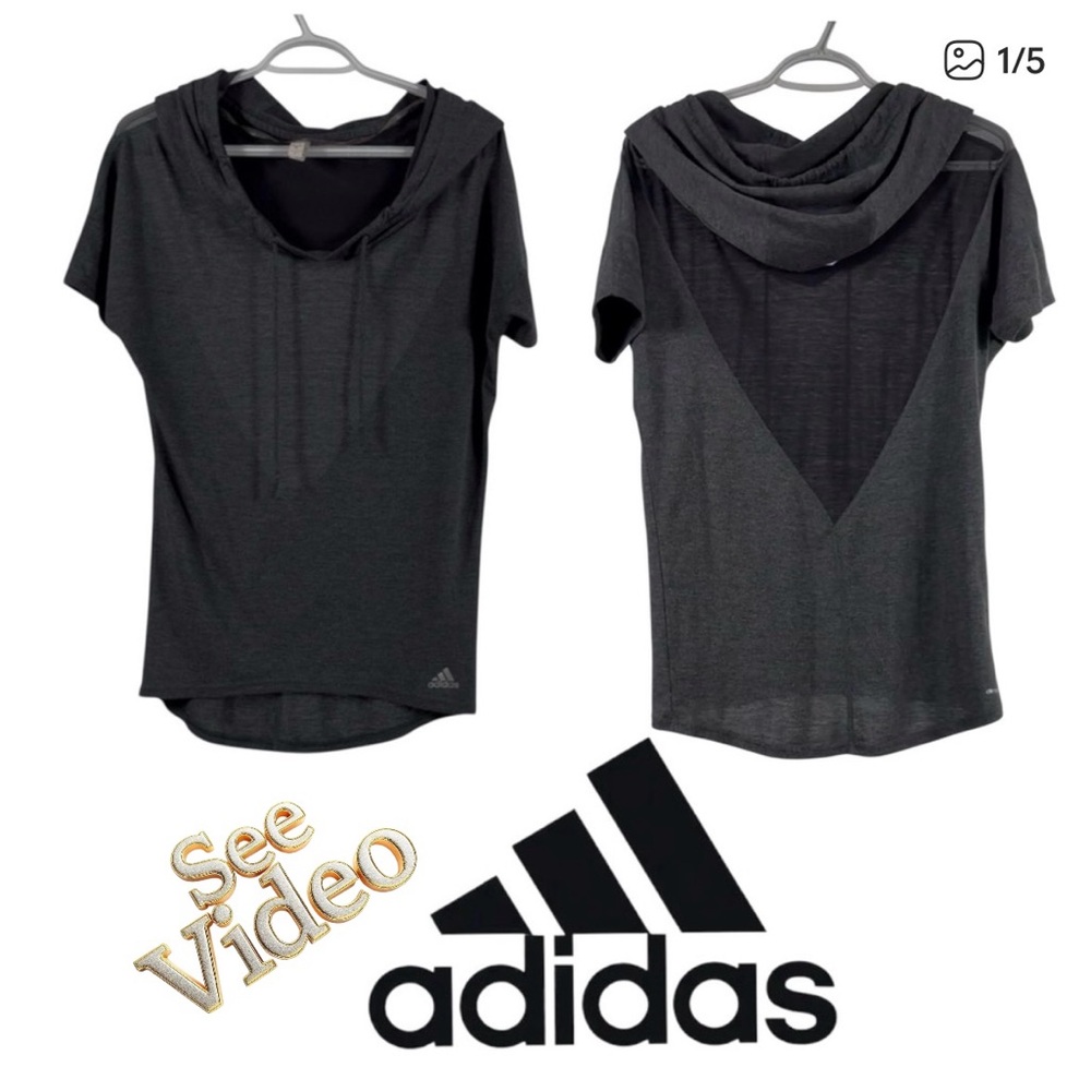 👛 (ANY 2/$20) ADIDAS Short Sleeve Grey/Black Drawstring Hoodie with Mesh